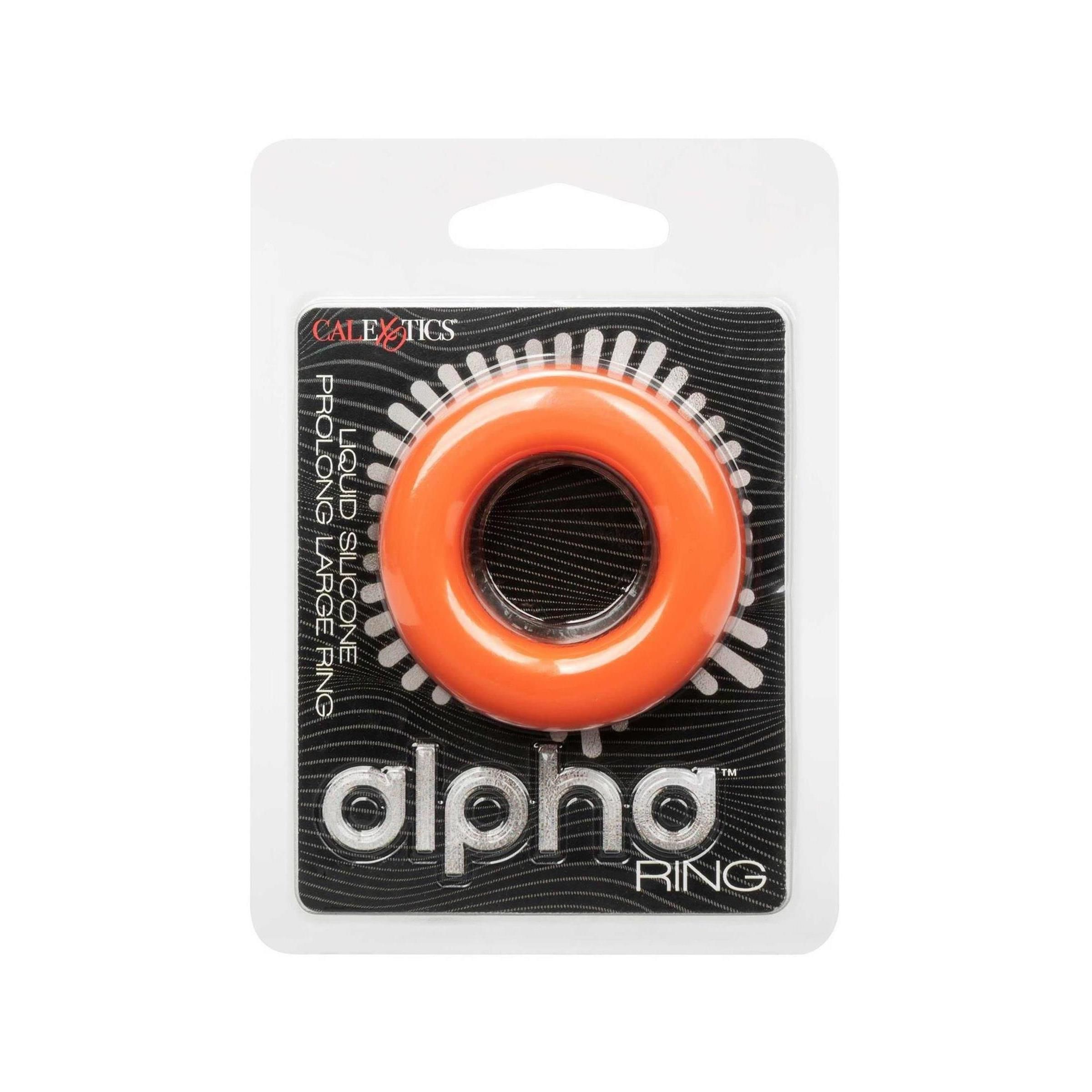 Verpackung mit orangefarbenem Ring. Produktname: Alpha Ring. Marke: CalExotics. Aus Silikon.