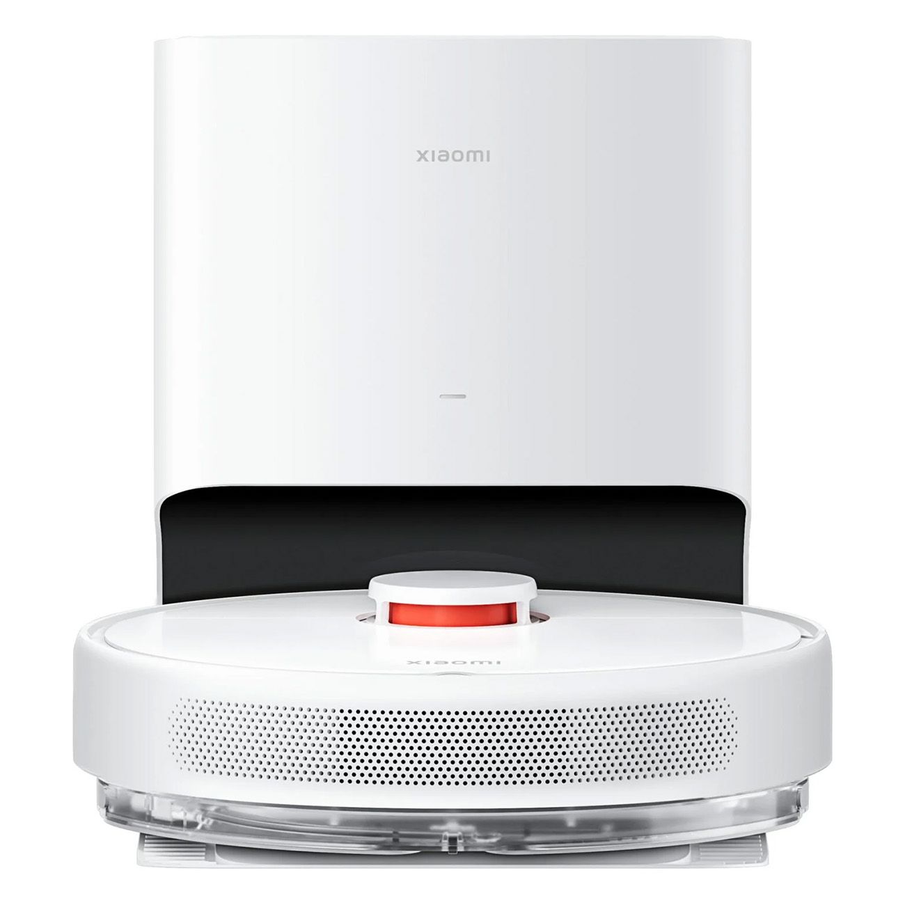 Weißer Roboterstaubsauger mit Ladestation. Der Staubsauger ist rund und hat eine rote Mitte. Das Xiaomi-Logo ist sichtbar.