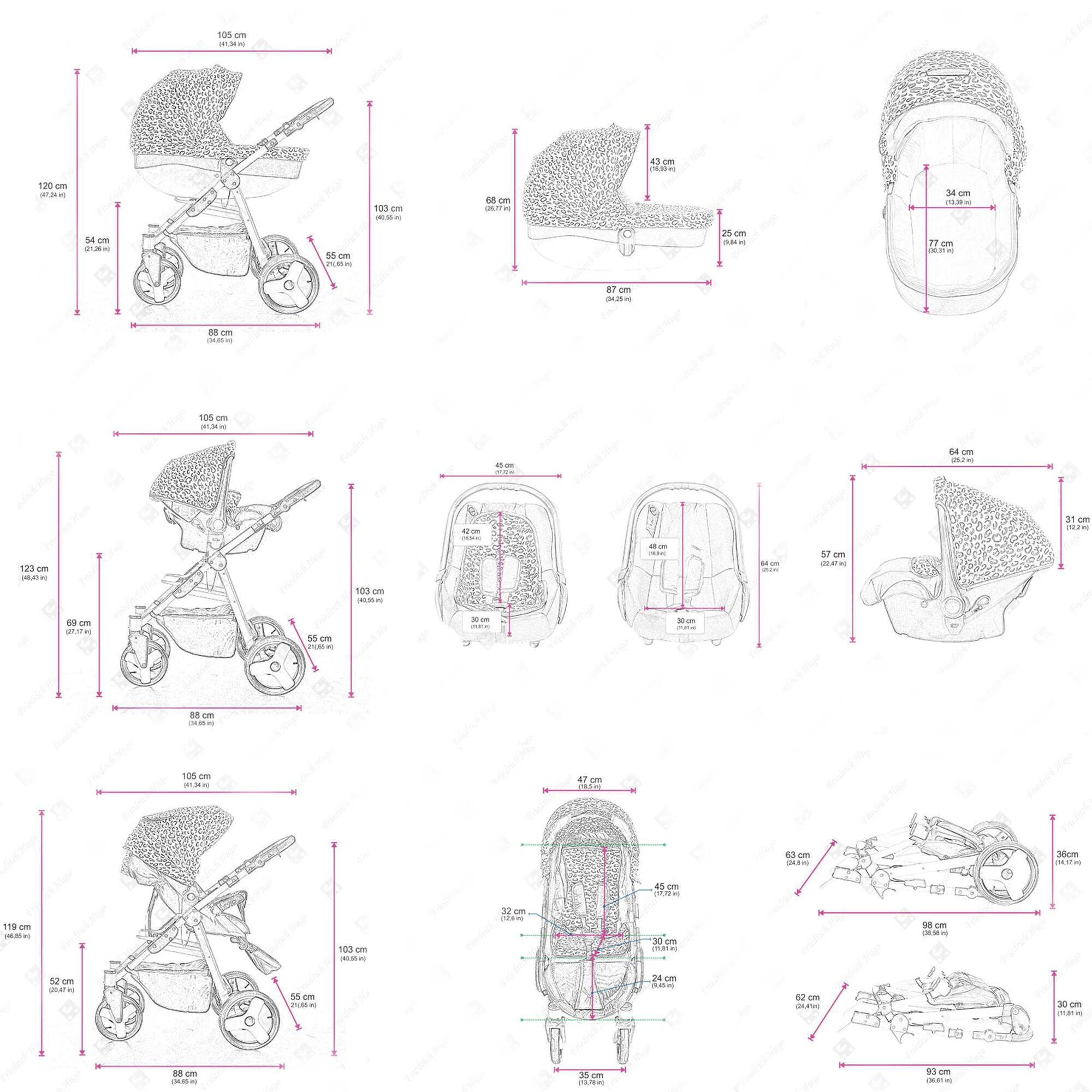Technische Zeichnungen des Kinderwagens. Maße in cm. Ansichten: Kinderwagen, Babyschale, Sitz, Maxi Cosi. Marke Simpligo.