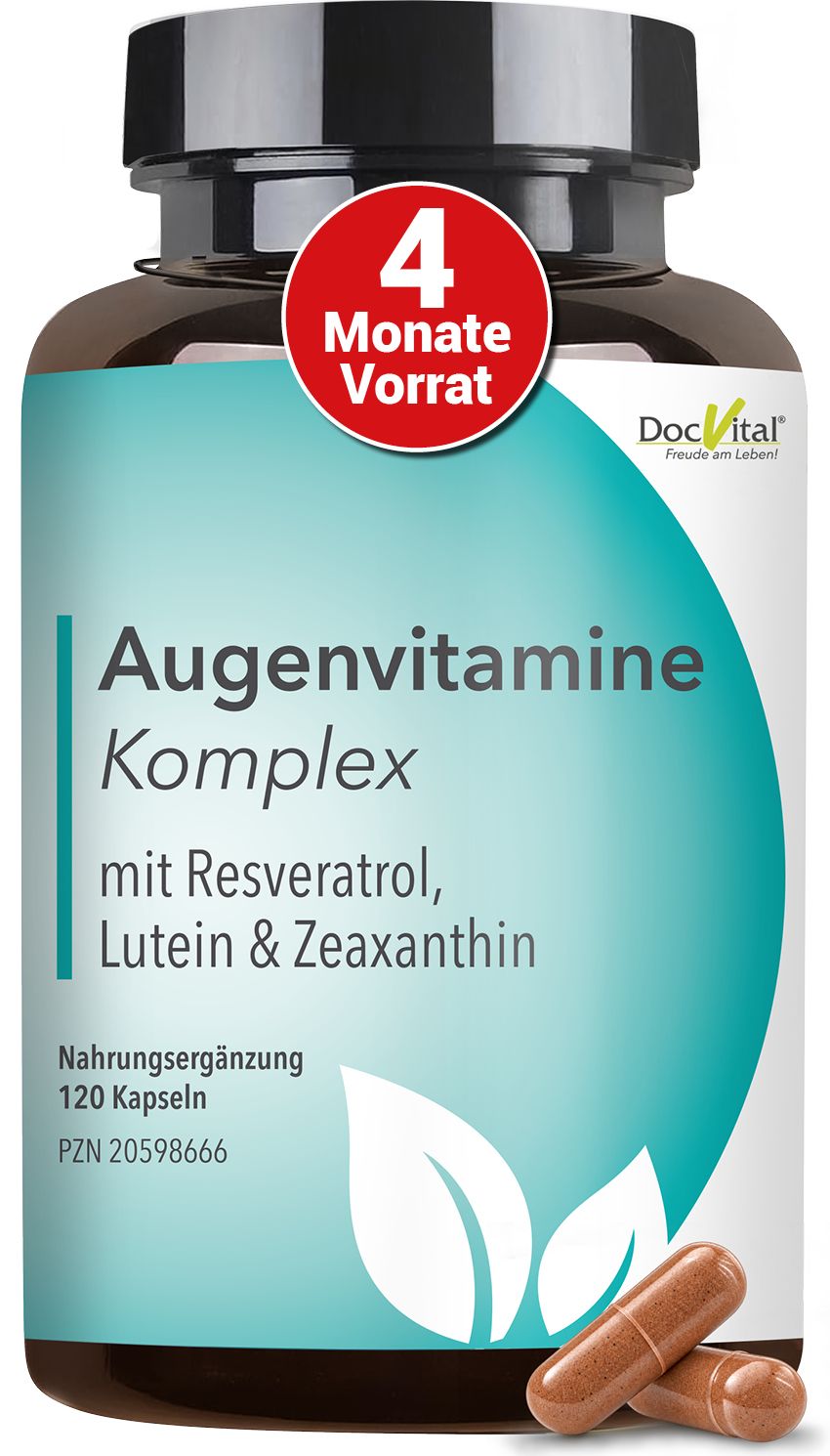Braune Dose mit blauem Etikett, Aufschrift 'Augen Vitamine Komplex', enthält 120 Kapseln.