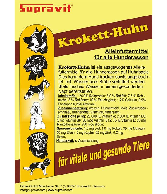 Werbeplakat: Krokett-Huhn Alleinfuttermittel für alle Hunderassen. Text und Illustrationen.
