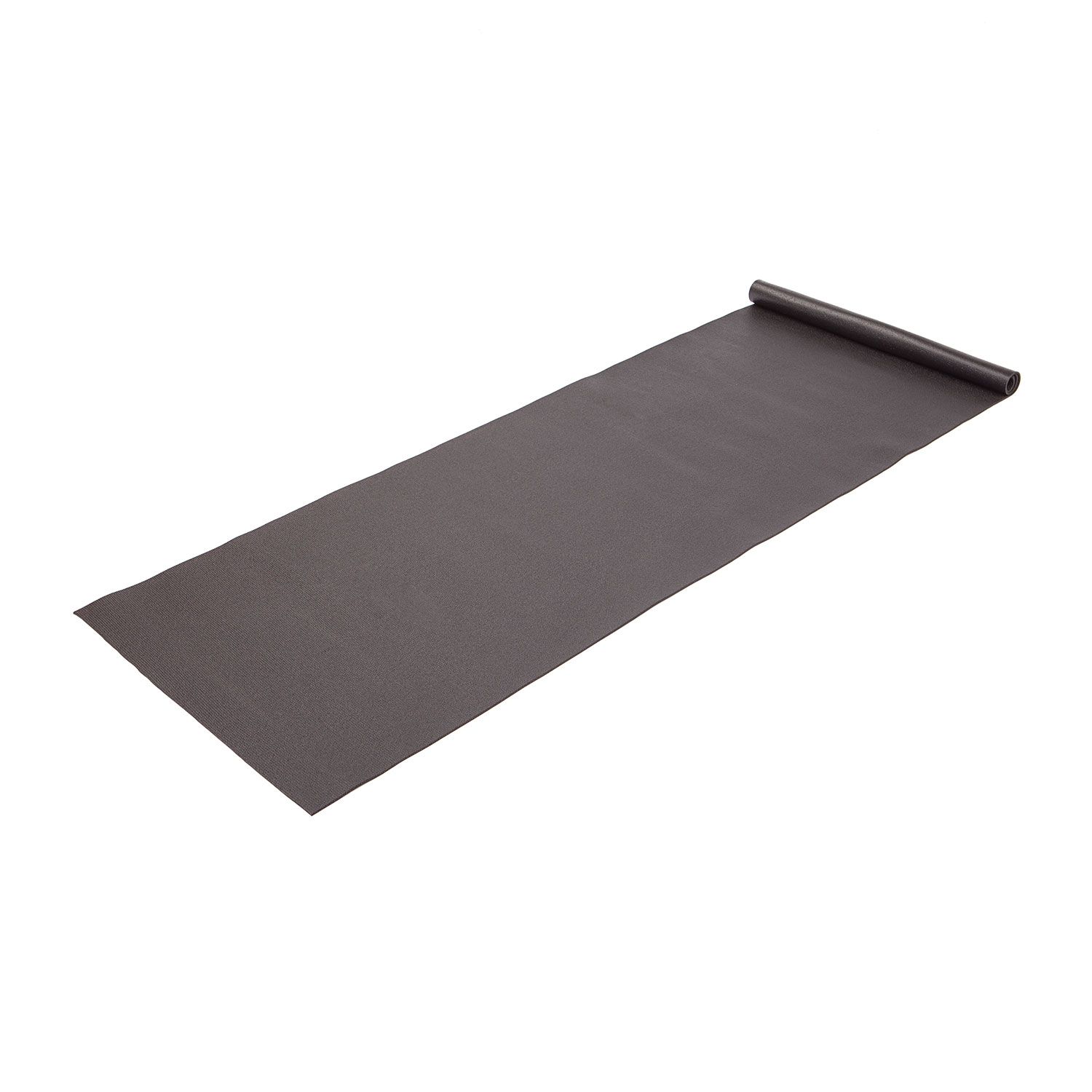 Tapis en PVC noir partiellement déroulé. Forme rectangulaire, sur fond blanc.