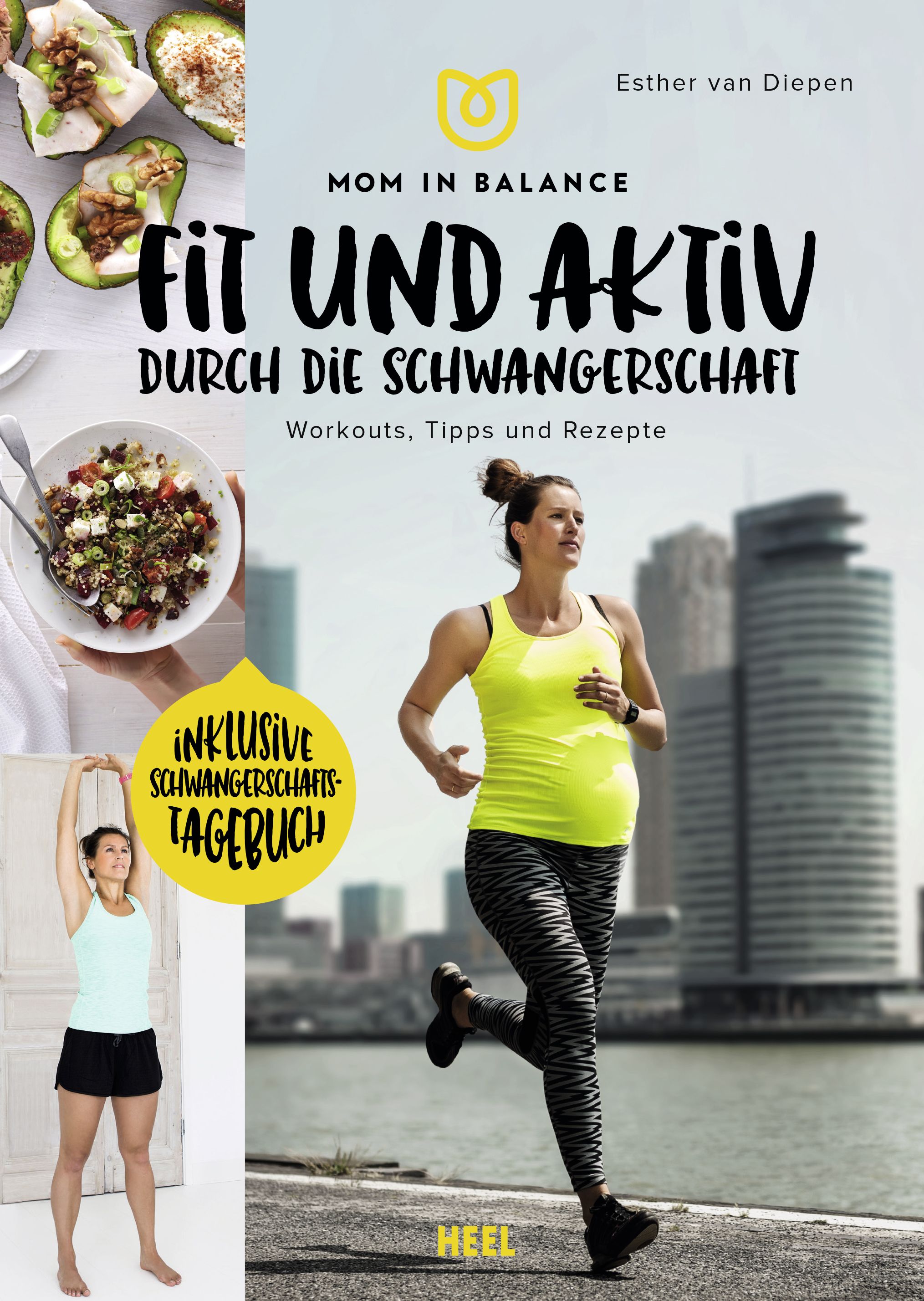 Buchcover: "Fit und aktiv durch die Schwangerschaft". Frau joggt. Text: Workouts, Tipps und Rezepte. Inklusive Schwangerschafts-Tagebuch.