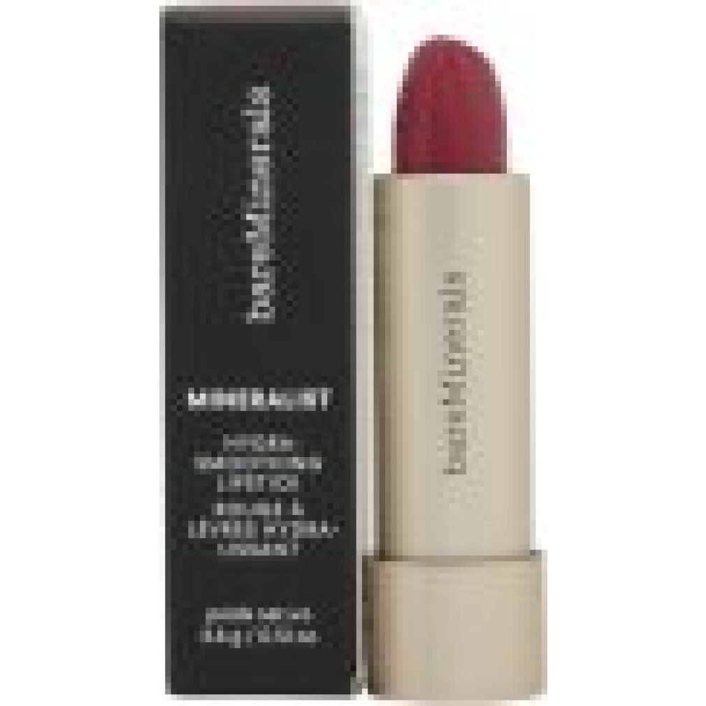 Lippenstift mit schwarzer Verpackung. Aufschrift: bareMinerals, MINERALIST hydra-glättender Lippenstift. Farbe: Charisma.