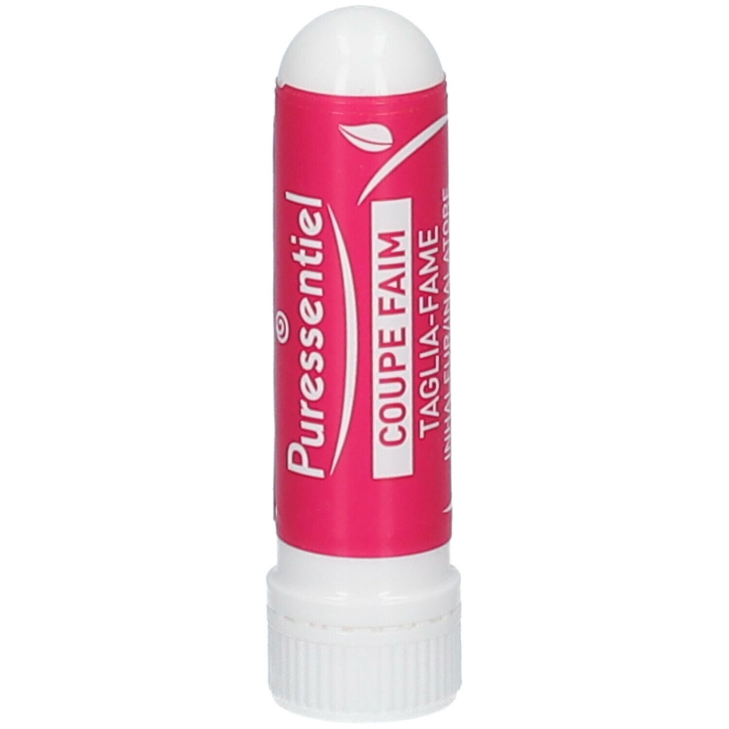 Inalatore bianco e rosa. Etichetta con testo: Coupe Faim, Inhalateur/Inalatore, Puressentiel. Simbolo foglia verde.