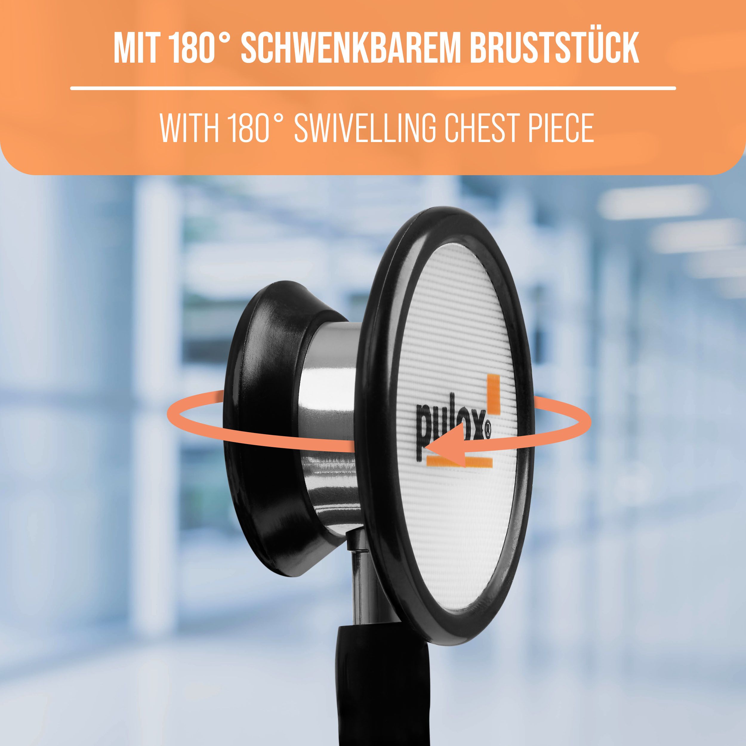 Nahaufnahme des Bruststücks eines Stethoskops. Es ist um 180° schwenkbar. Das Logo von Pulox ist sichtbar.