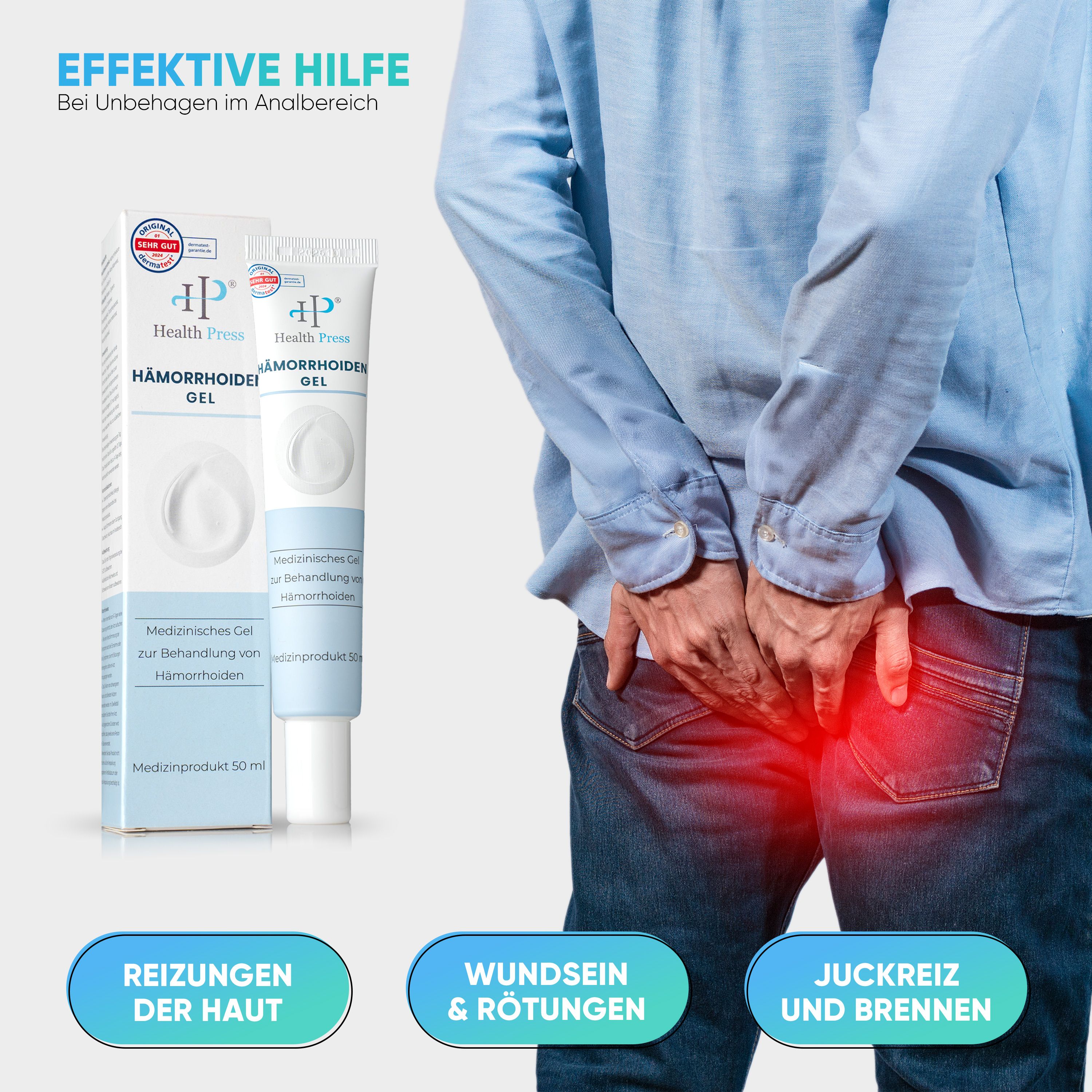 Health Press® Hämorrhoiden Gel, Tube und Verpackung. Medizinprodukt. Mann hält sich den Analbereich. Text: Reizungen, Wundsein, Juckreiz.