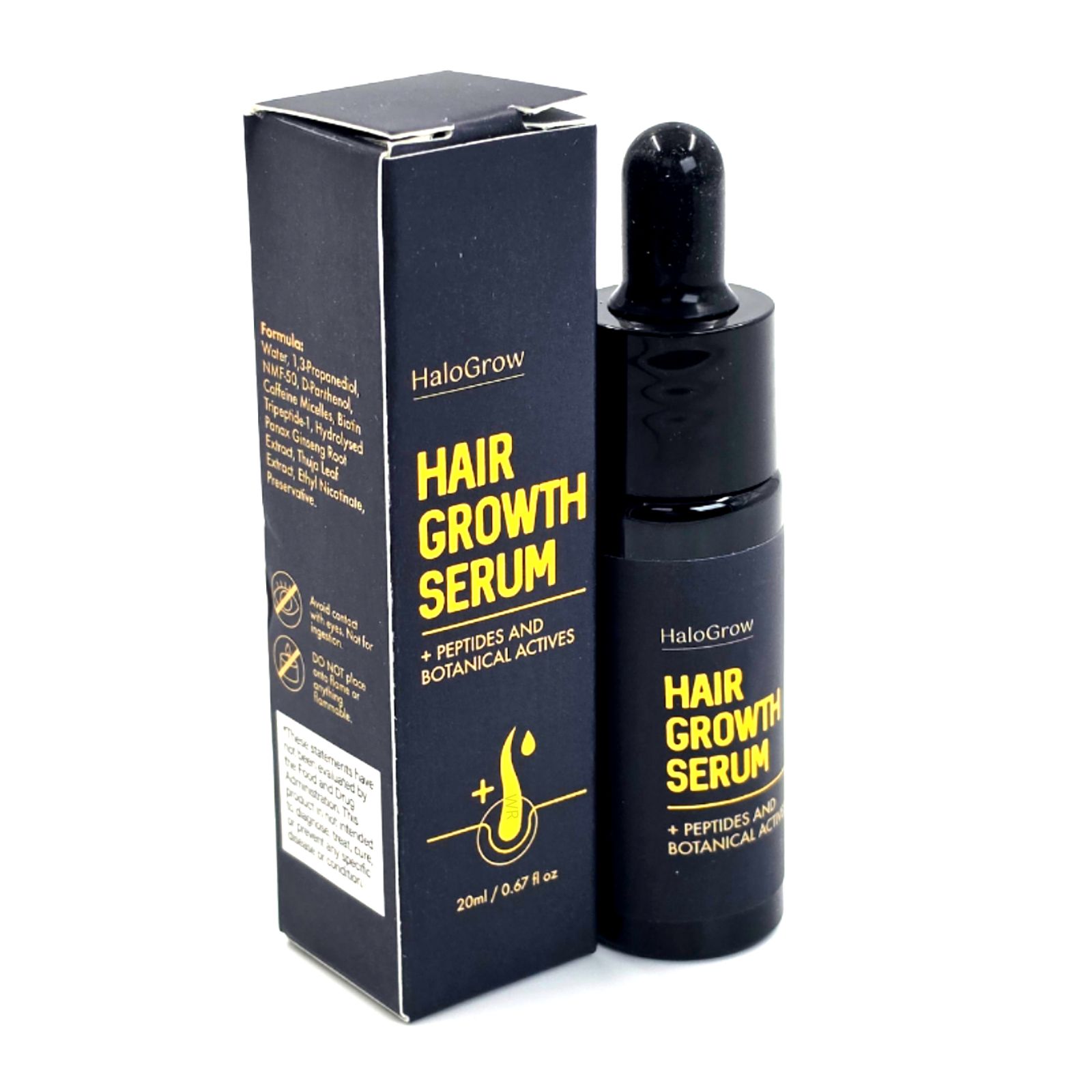 HaloGrow Haarwachstumsserum, Flasche und Umverpackung mit detaillierten Inhaltsstoffen und Anwendungshinweisen.