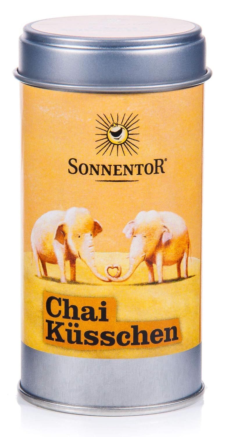 Sonnentor Chai Küsschen Dose mit Elefantenmotiv.