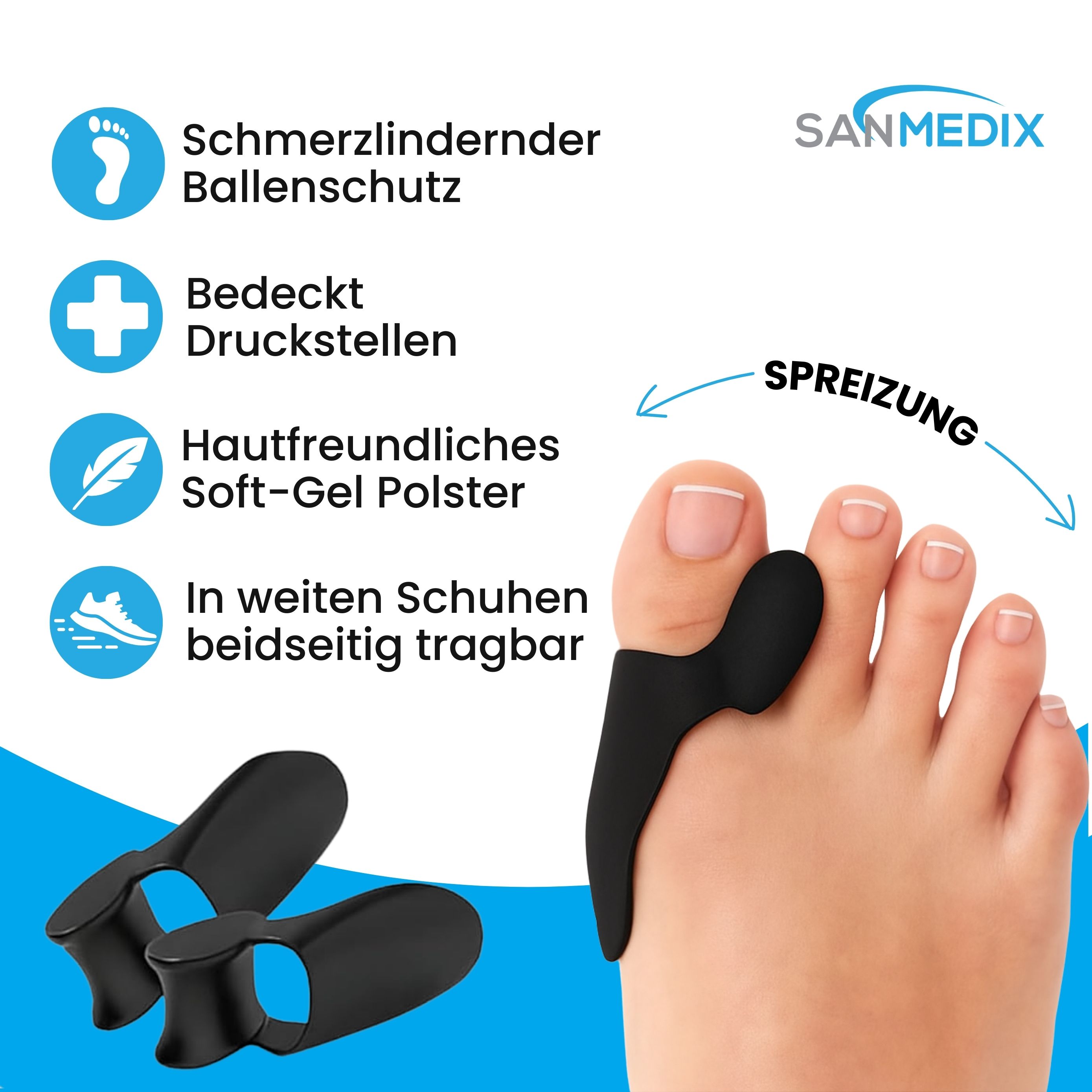 Zehenspreizer und Ballenschutz. Zehenspreizer an einem Fuß angebracht. Sanmedix Logo.