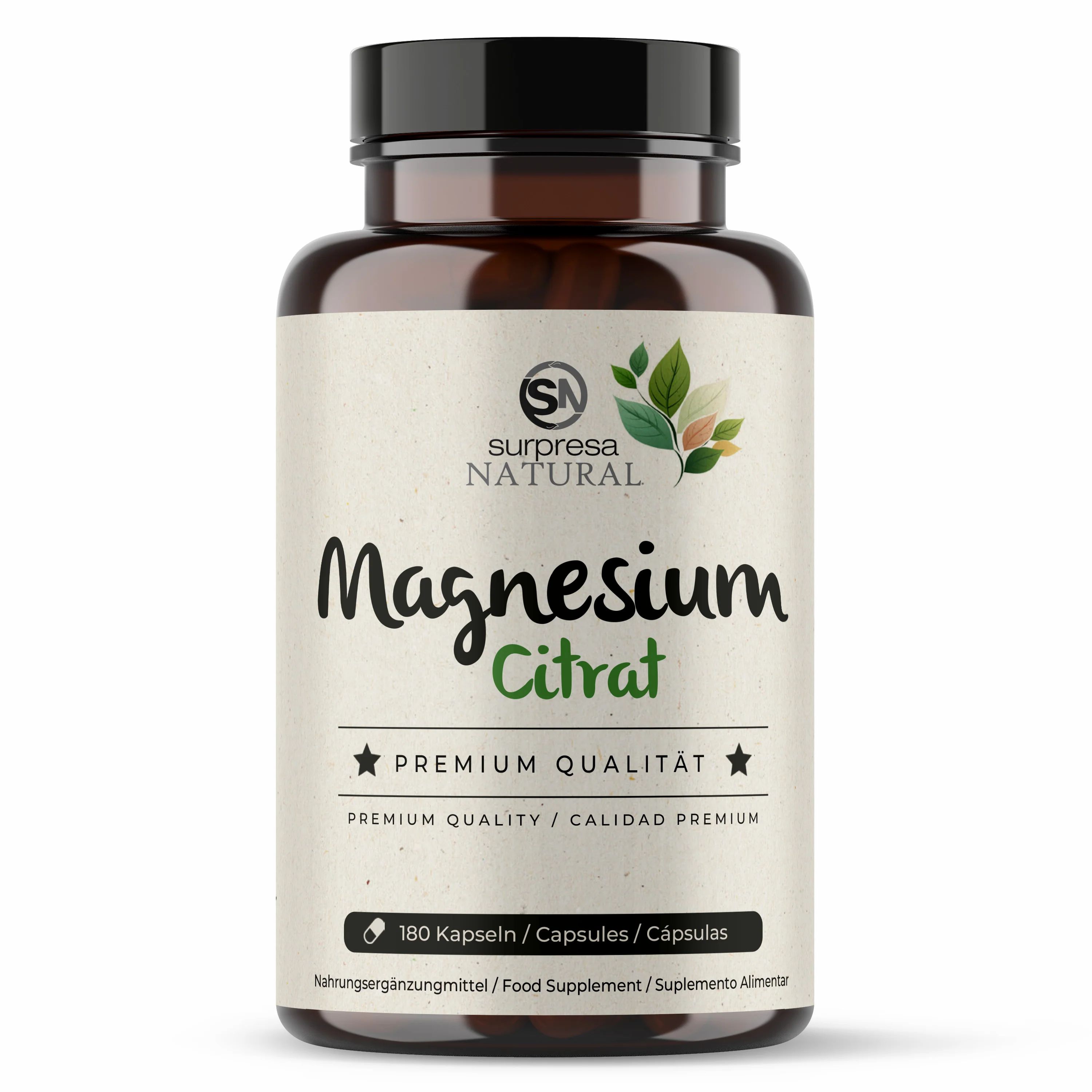 Braune Flasche mit Etikett. Aufschrift: Surpresa Natural Magnesium Citrat. Enthält 180 Kapseln. Premium Qualität.