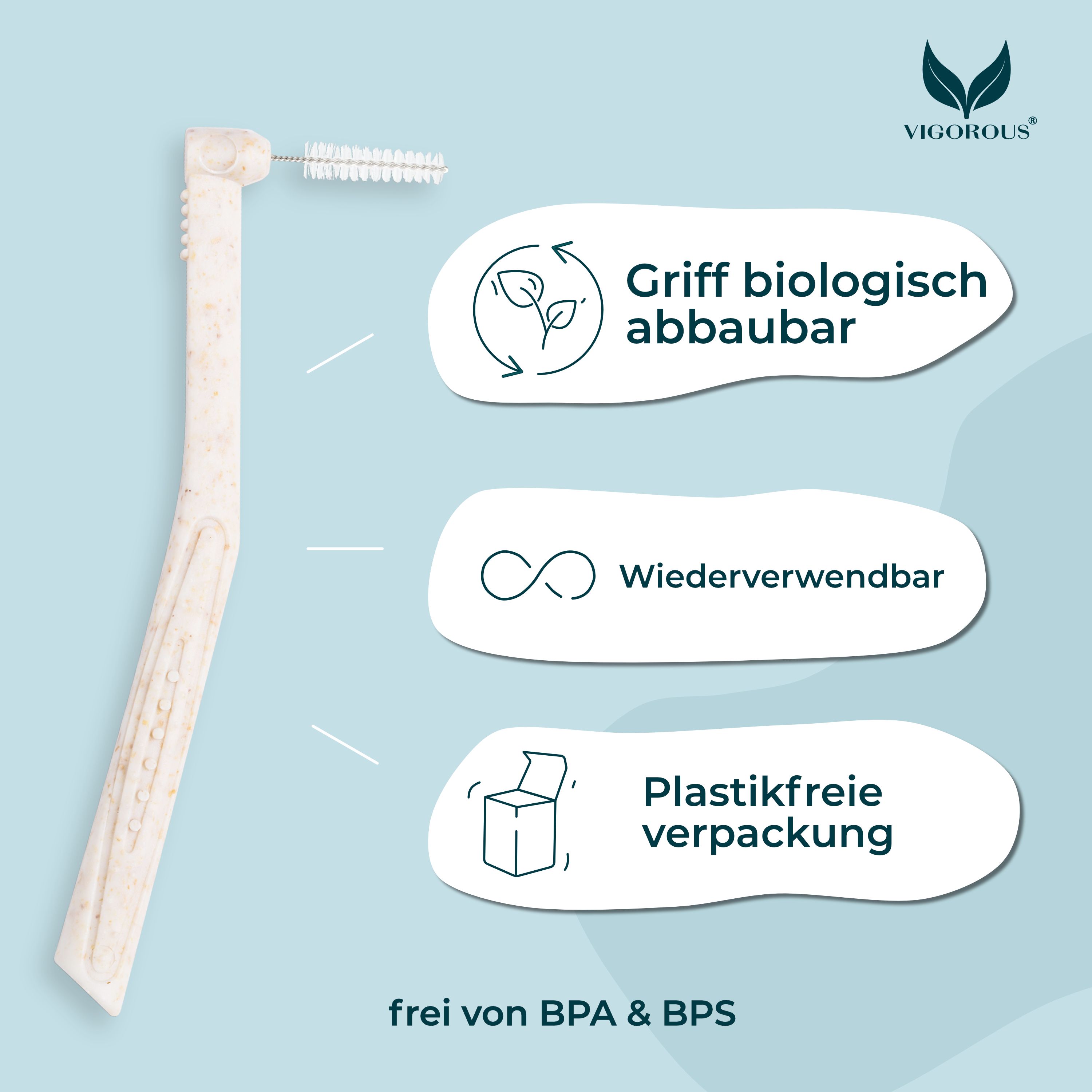 Interdentalbürste mit L-Form. Aufschrift: Griff biologisch abbaubar, wiederverwendbar, plastikfreie Verpackung. Marke VIGOROUS®.