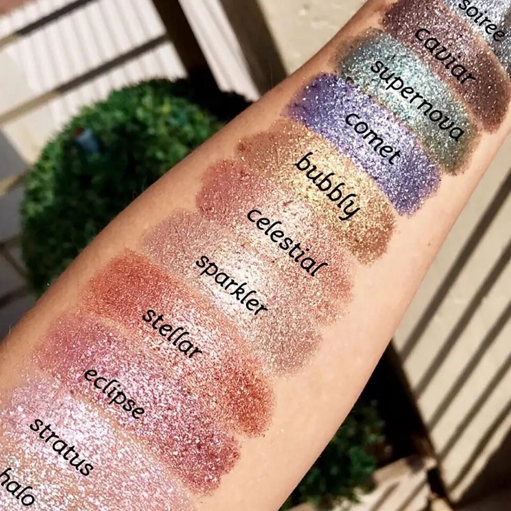 Arm mit verschiedenen Glitzer-Lidschatten-Farben. Jede Farbe ist mit einem Namen beschriftet.