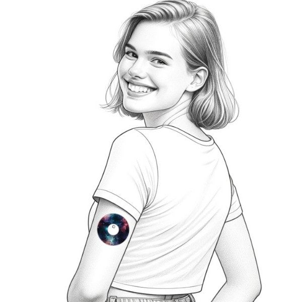 Schwarz-Weiß-Zeichnung einer lächelnden Frau. Auf dem Arm ein rundes Pflaster mit Weltraum-Design und Loch in der Mitte.