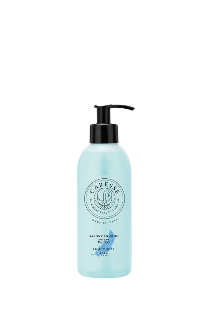 Hellblaue Flasche mit schwarzem Pumpkopf. Aufkleber mit Logo, Schriftzug SAPONE LIQUIDO TALCO, Liquid Soap.