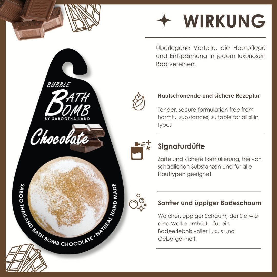 Bad Bombe, Schokolade. Text: Bubble Bath Bomb by Saboo Thailand. Logos: Natural Hand Made. Wirkung: Hautschonend, sanfter Badeschaum.