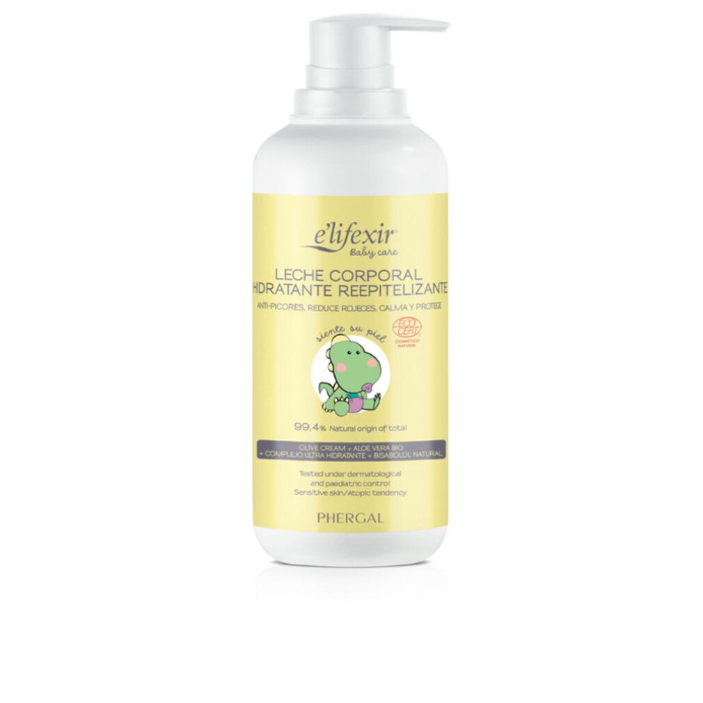 Flasche mit Pumpe. Aufschrift: Elifexir Baby Care. Text: Lait Corporel Hydratante Reepitelizante. Logo: Dino. Aufschrift: 99,4% natürlichen Ursprungs. Marke: Phergal.