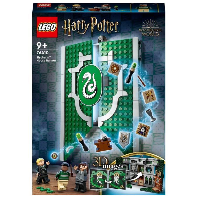 LEGO Harry Potter Stendardo della Casa Serpeverde. La confezione mostra lo stendardo verde con lo stemma di Serpeverde, circondato da accessori e personaggi. Il set è adatto a bambini dai 9 anni in su.