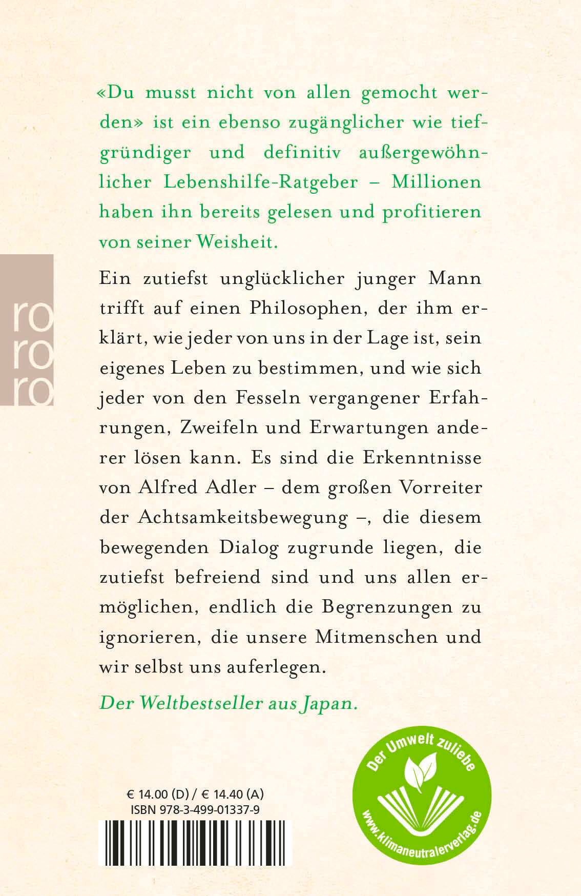 Buchrücken mit Text. Titel: Du musst nicht von allen gemocht werden. Verlag: rororo. Mit Preisangaben und Umweltzeichen.
