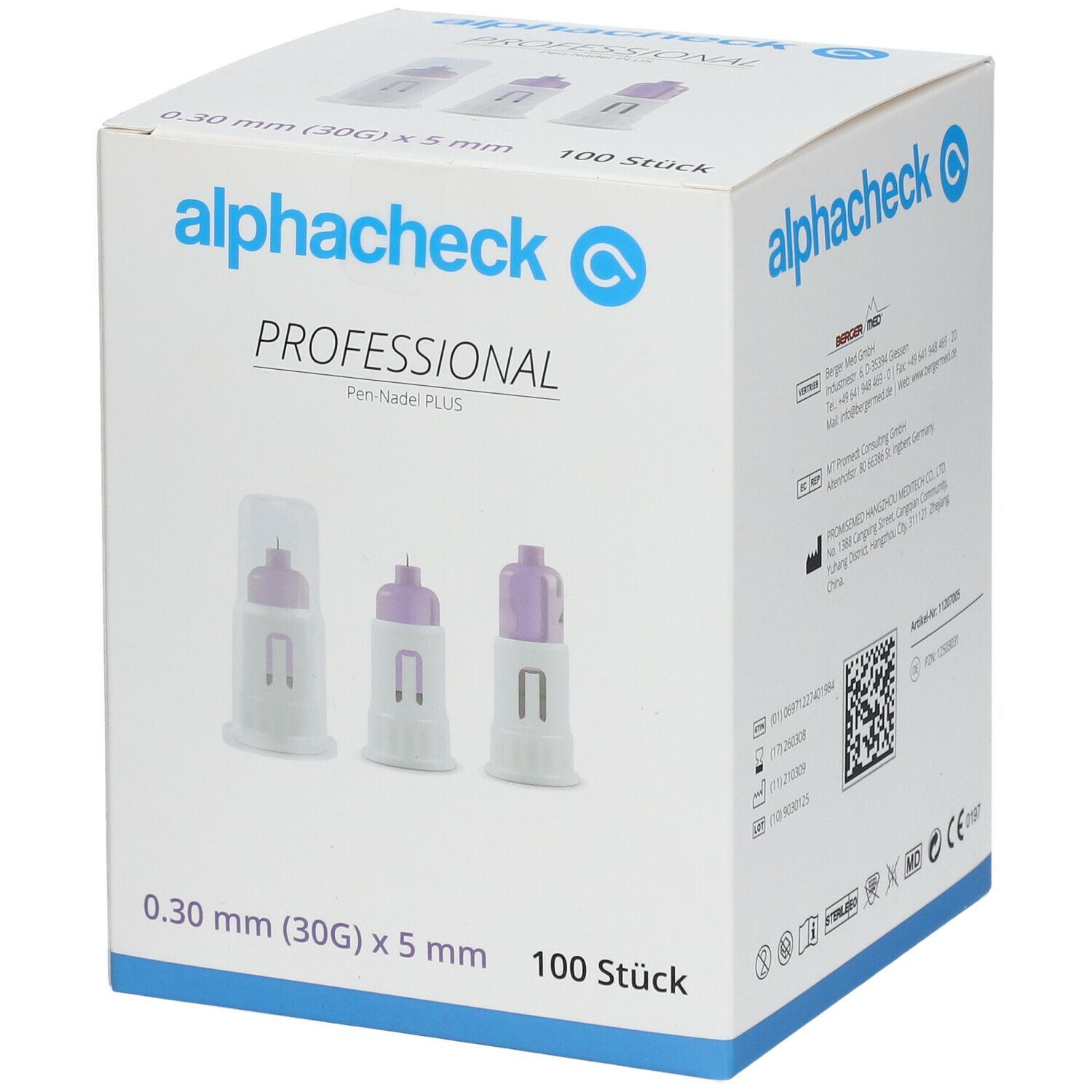 Verpackung von alphacheck Professional Injektionsnadeln. Box mit Produktabbildung, Produktname, Größe und Menge.