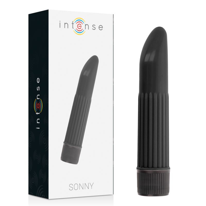 Produkt und Verpackung. Schwarzer Vibrator neben weißer Box mit Logo und Produktnamen.