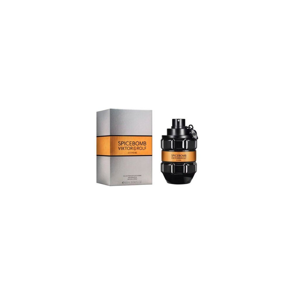 Schwarzer Flakon und silberne Schachtel. Aufschrift: SPICEBOMB VIKTOR&ROLF EXTREME. Eau de Parfum.