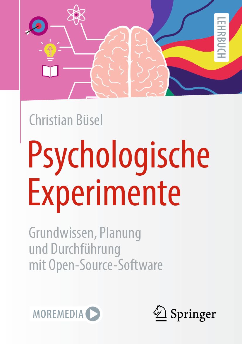 Buchcover mit Titel "Psychologische Experimente". Autor Christian Büsel. Verlag Springer. Enthält Illustrationen von Gehirn und Symbolen.