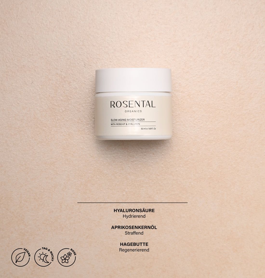 Cremebehälter mit weißem Deckel. Aufschrift: Rosental Organics, Slow-Aging Moisturizer, mit Hagebutte & Hyaluron. Text: Inhaltsstoffe.