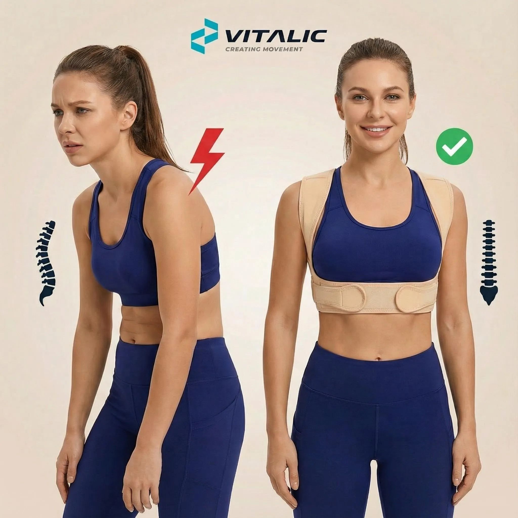 Frau mit schlechter und korrekter Haltung. Haltungskorrektor. Beige. VITALIC Logo. Rote Blitz- und grüne Häkchen-Symbole.