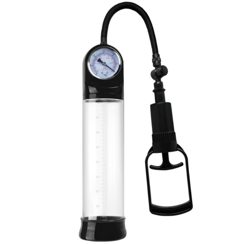 Transparente Penispumpe mit schwarzem Griff, Schlauch und Manometer.  