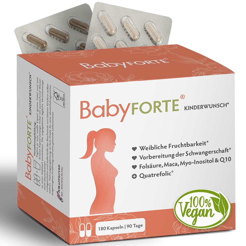 BabyFORTE-Verpackung, Blisterpackungen mit Kapseln, Siegel '100% Vegan'.