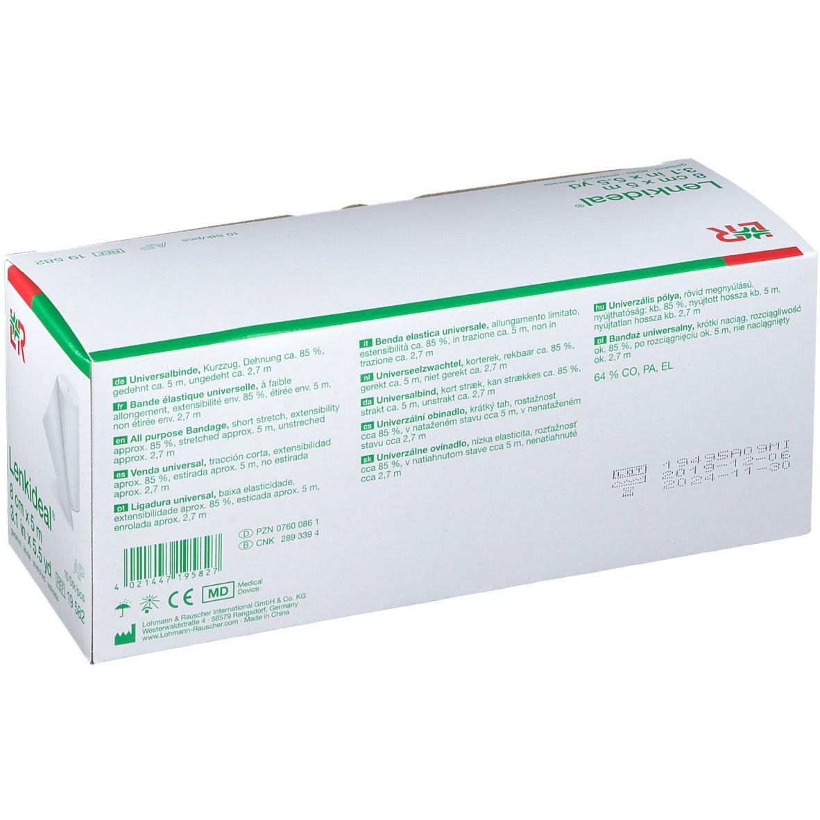 Rückseite der Lenkideal® Idealbinde Verpackung. Mehrsprachige Produktinformationen. Barcode und Haltbarkeitsdatum.