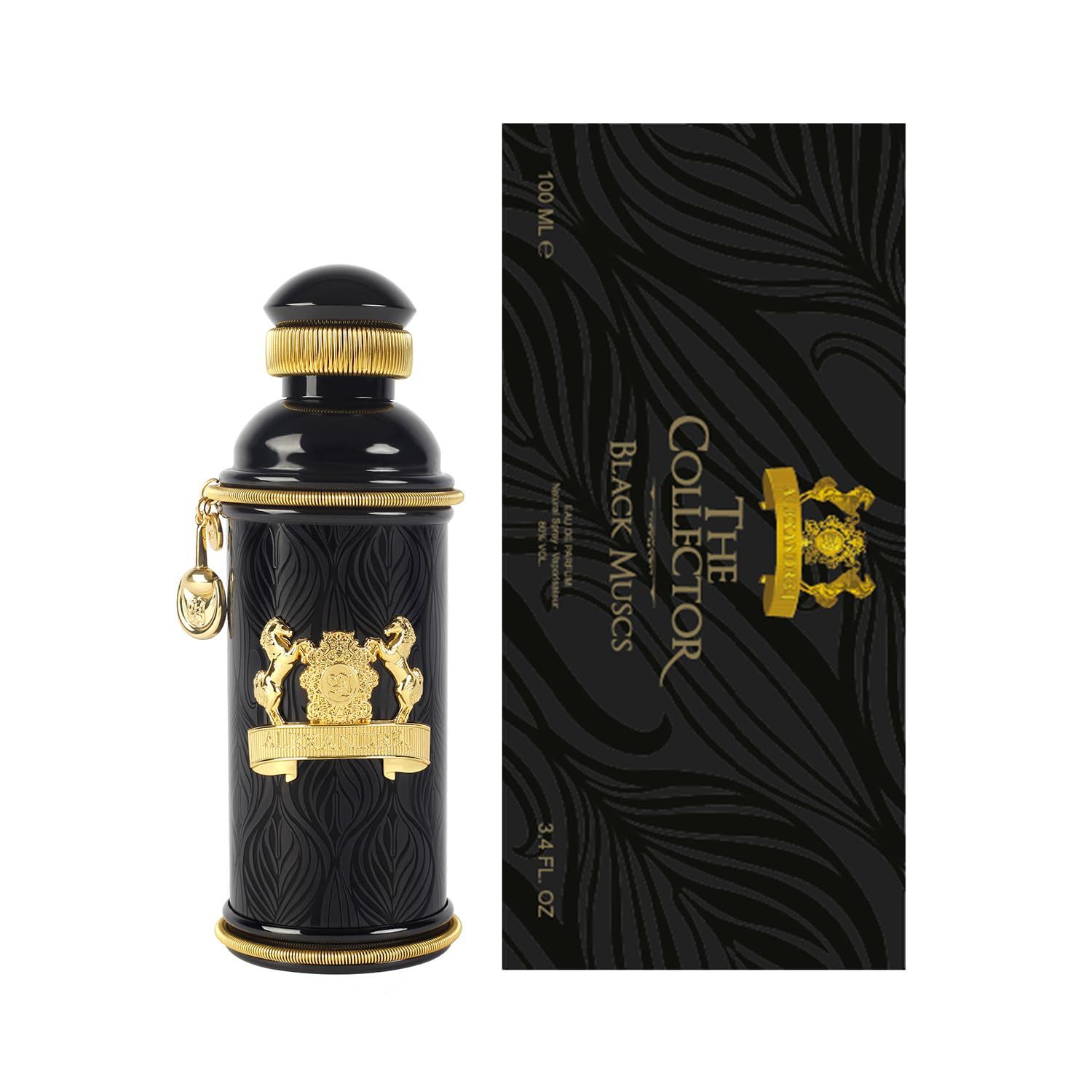Schwarze Flasche mit goldfarbenen Verzierungen und schwarzer Verpackung. Aufschrift: The Collector Black Muscs.