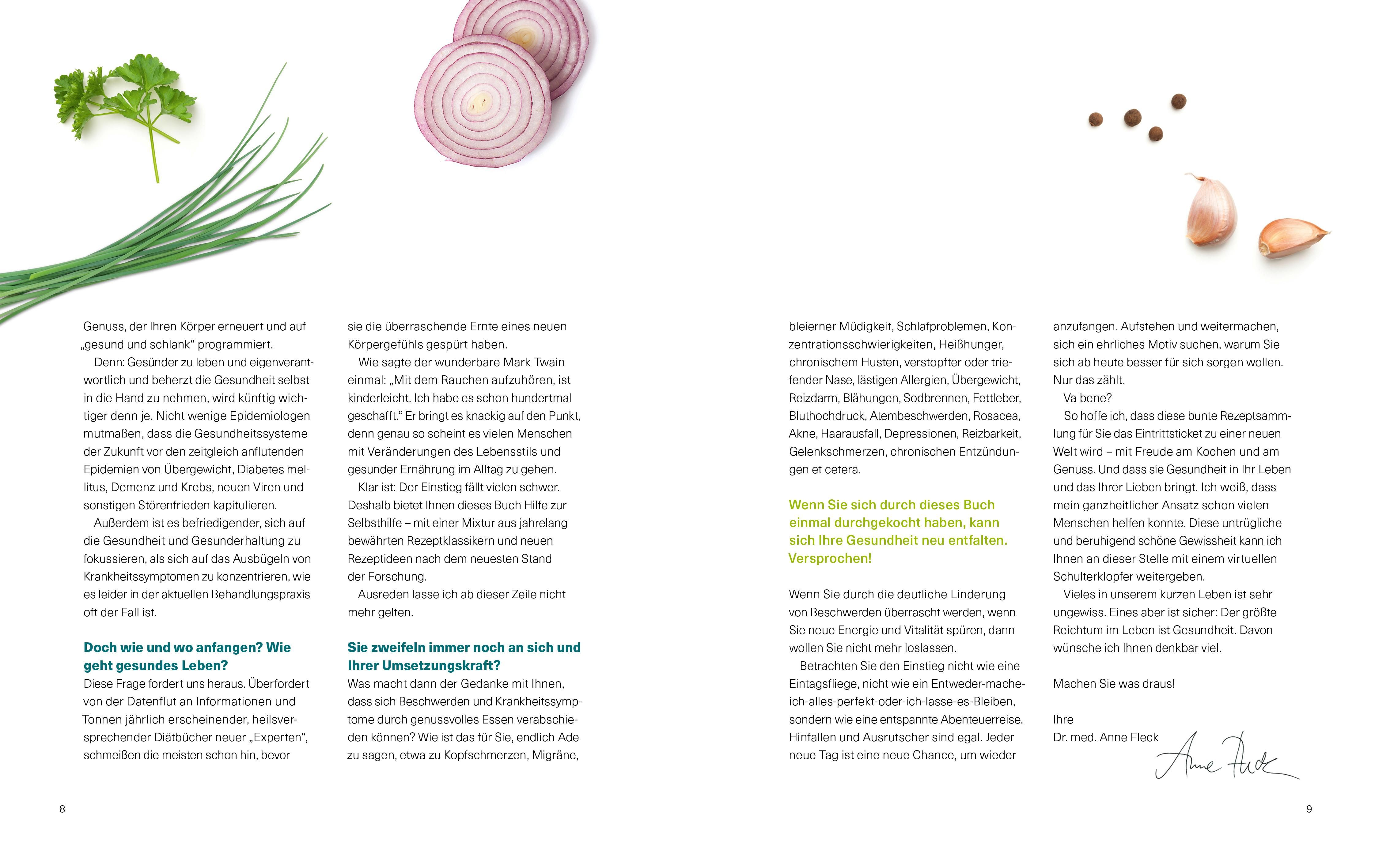Buchseite mit Text und Zutaten wie Zwiebeln, Knoblauch und Kräutern. Thema: Gesundheit und Ernährung.