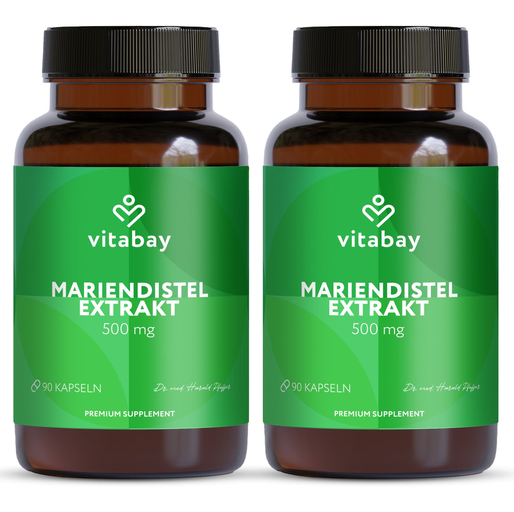 Zwei Flaschen Vitabay Mariendistel Extrakt 500 mg, je 90 Kapseln.