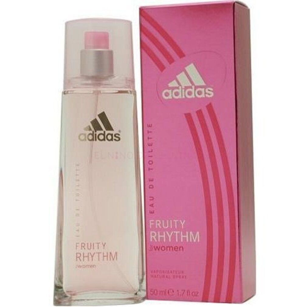 Parfümflakon und Verpackung. Aufschrift: Adidas, Fruity Rhythm, eau de toilette, 50ml.