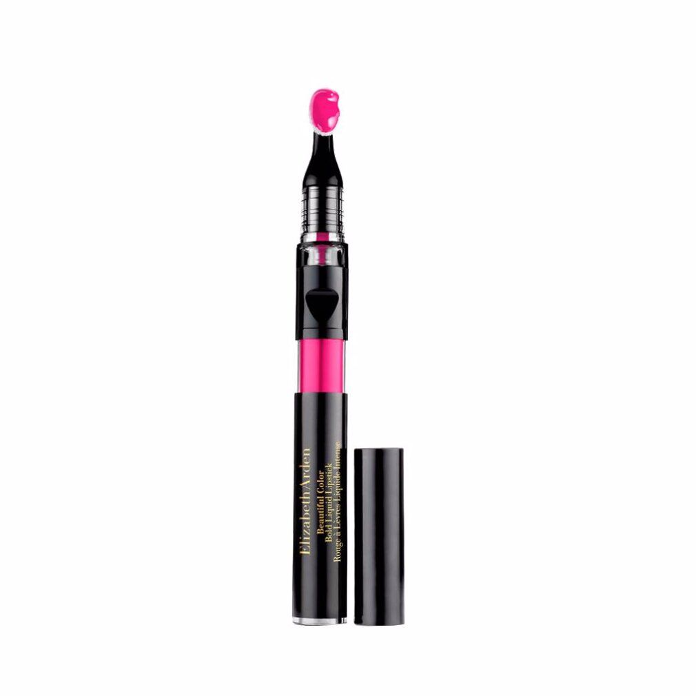 Elizabeth Arden Bold Liquid Lipstick. Schwarze Hülse, rosa Lippenstift, weißer Applikator. Produkt geöffnet.