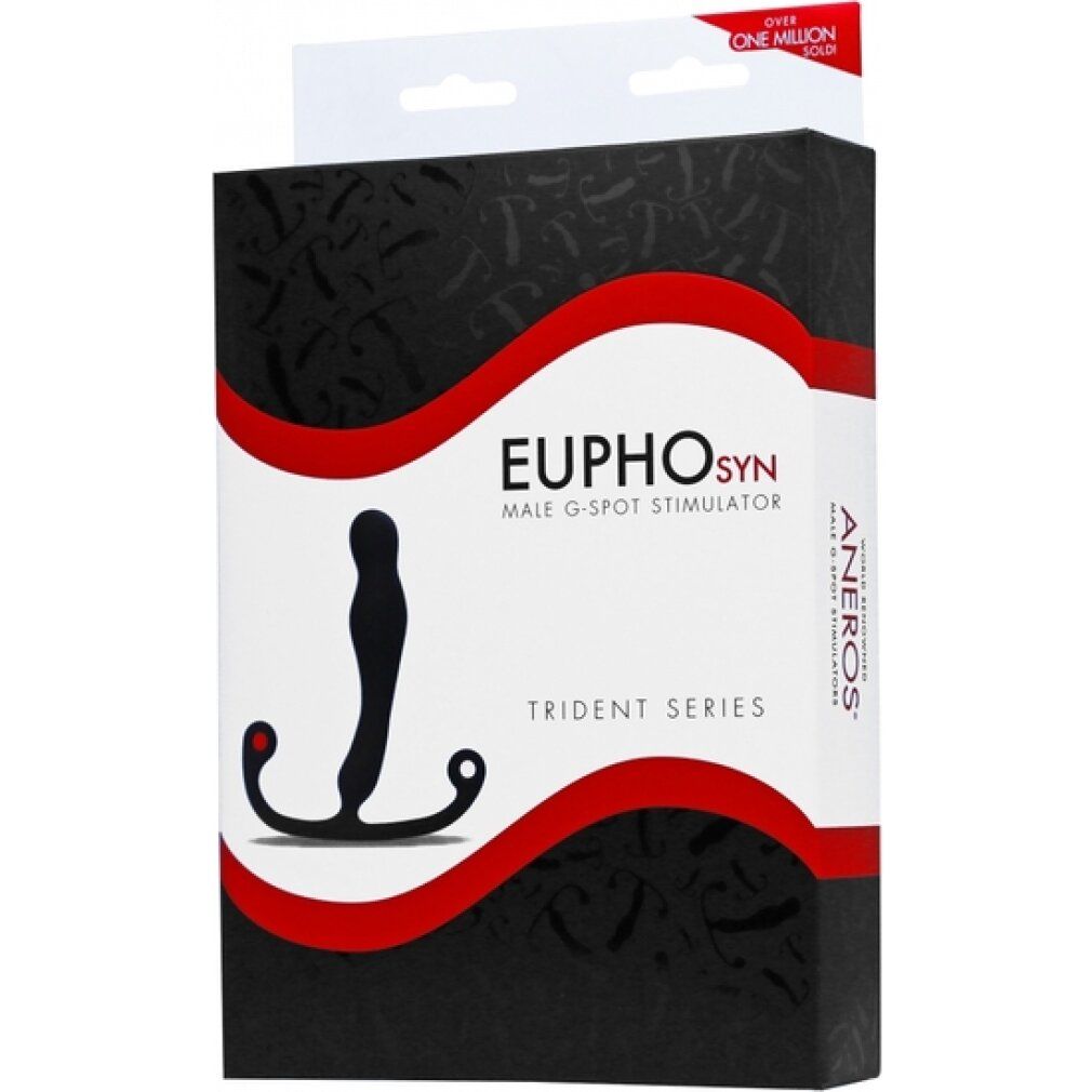Verpackung für ein Wellness-Produkt. Enthält ein schwarzes, T-förmiges Produkt. Aufschrift: Eupho Syn, Trident Series, Aneros.