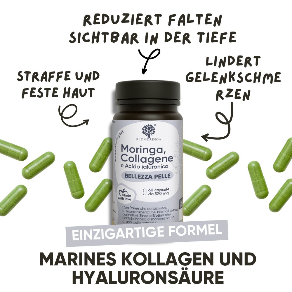 Flasche RedMoringa Kollagen Hyaluron. Text: Natürliche Extrakte, 100% biologische Moringa. Nährwertangaben.