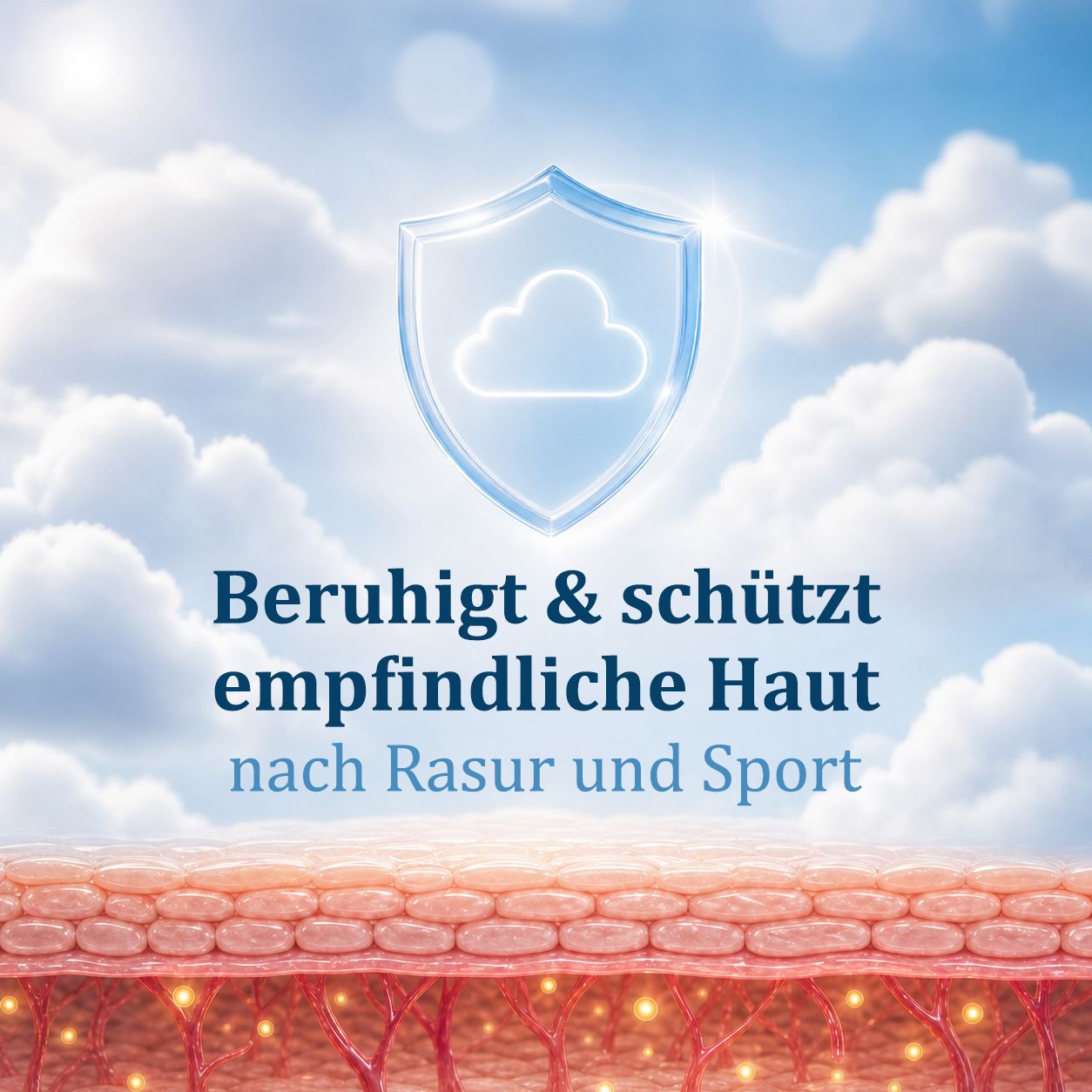 Schutzschild-Symbol über Hautschichten, Text: Beruhigt & schützt empfindliche Haut.