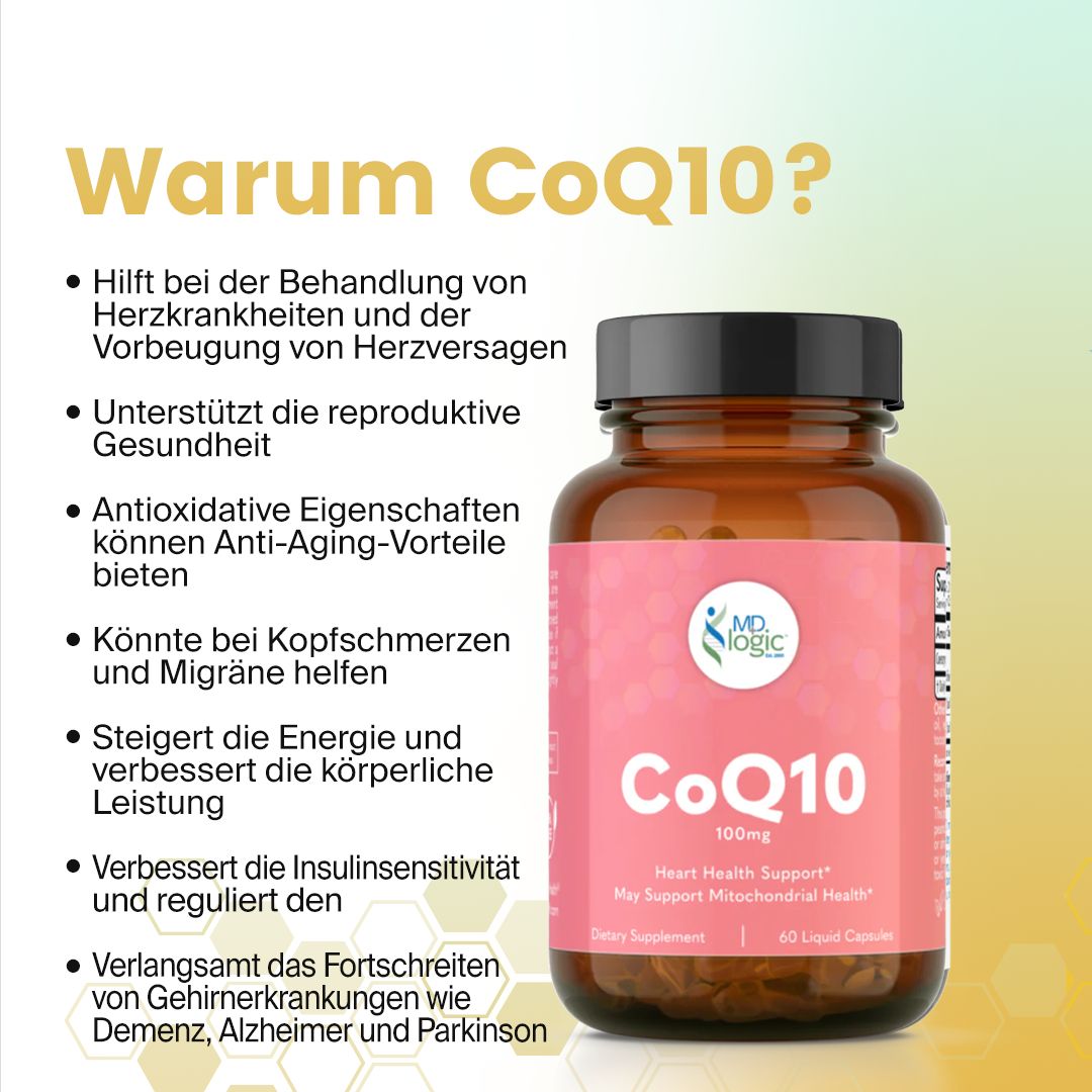 Produktflasche mit Text neben Text. Text: Warum CoQ10? Vorteile für Gesundheit. Flasche mit rosa Etikett, CoQ10 100mg.