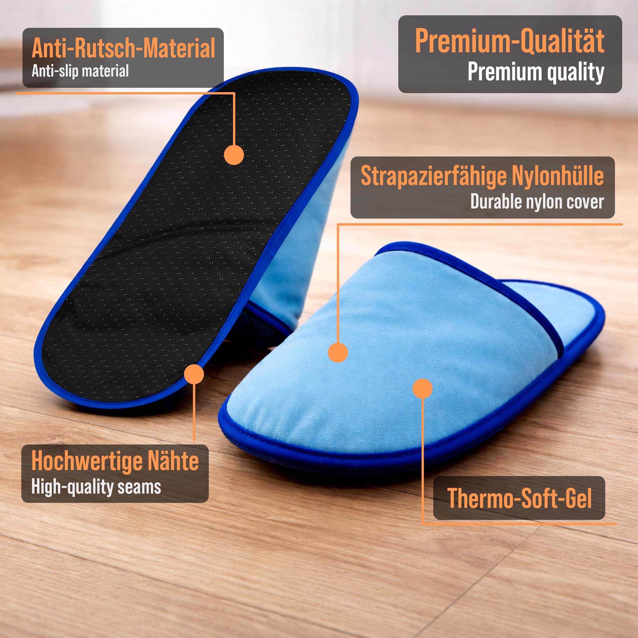 Hellblaue Slipper mit dunkelblauen Rändern. Auf der Unterseite ist ein Anti-Rutsch-Material zu sehen. Text: Premium-Qualität, Durable Nylonhülle.