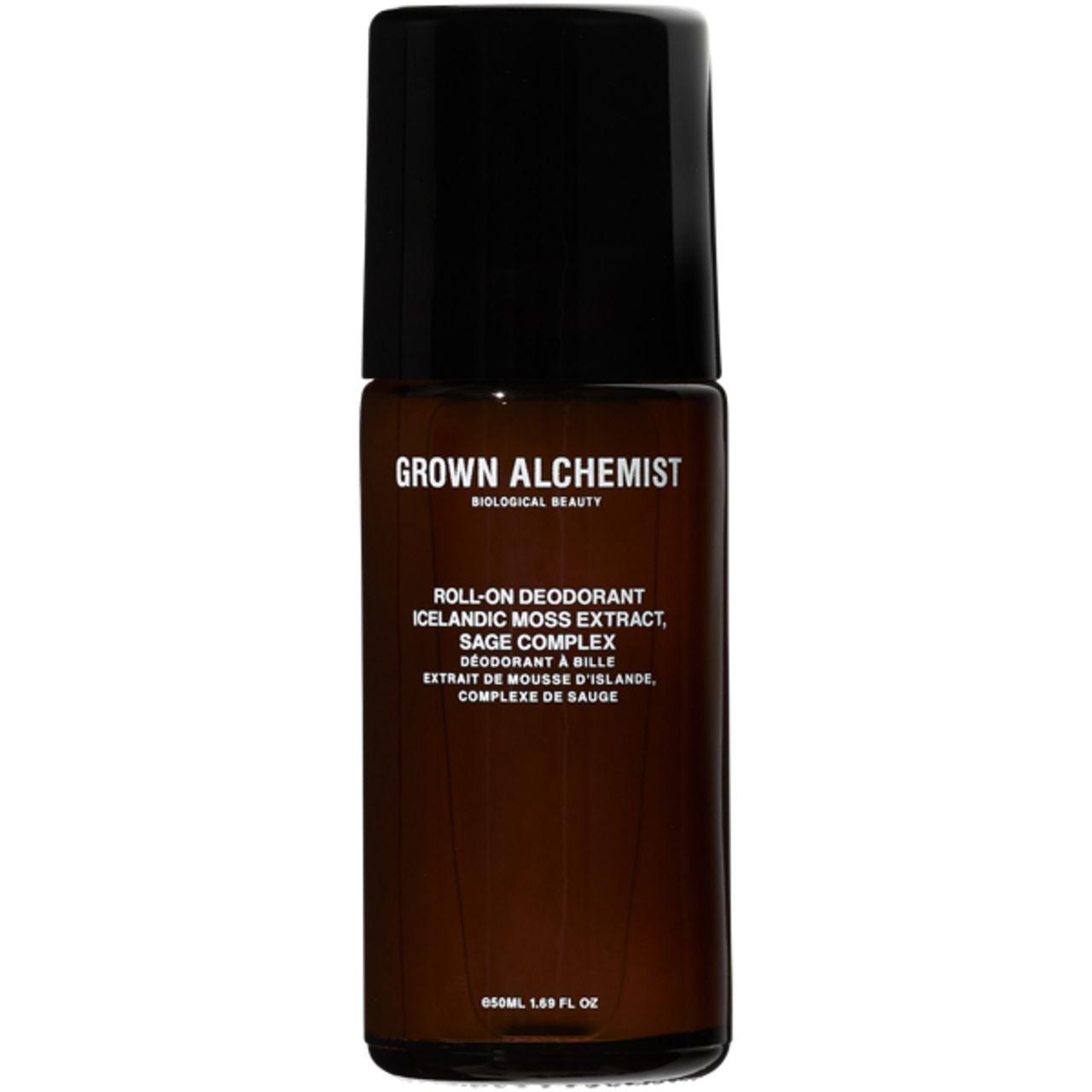 Roll-On Deodorant von Grown Alchemist. Braune Glasflasche mit schwarzem Deckel. Produktbezeichnung und Inhaltsstoffe.