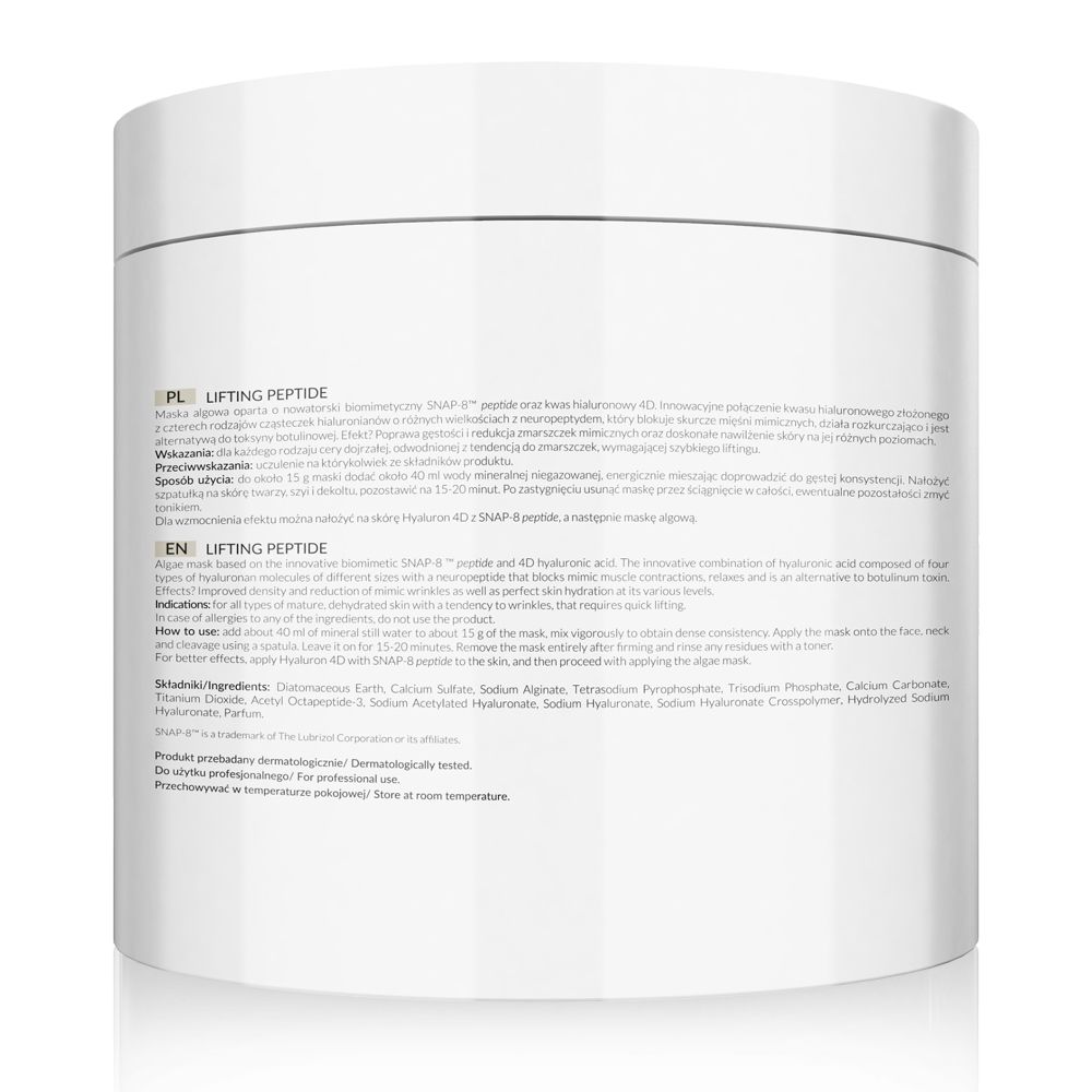 Weißer Tiegel, Rückseite mit Text. Text: "Lifting Peptide" und Inhaltsstoffe. Professionelle Anwendung.