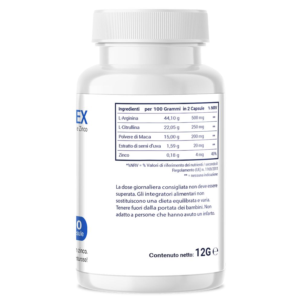 Retro del flacone con informazioni nutrizionali. Ingredienti per 2 capsule: L-Arginina, L-Citrullina, Maca, zinco.