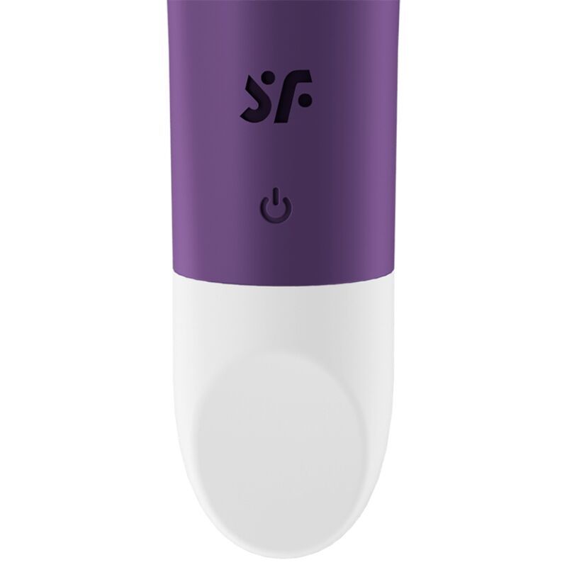Nahaufnahme des lila Vibrators mit weißer Spitze. Oben Symbole und Ein-/Aus-Taste.