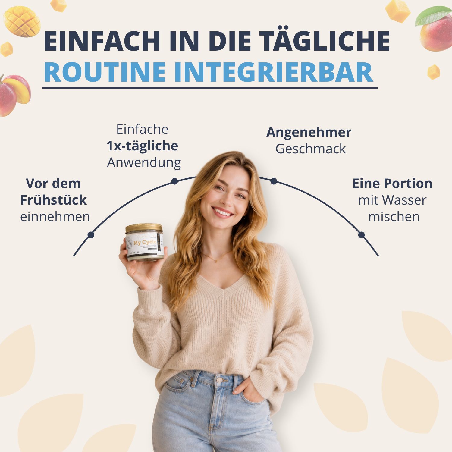 Frau hält Golden Tree My Cycle Mango Pulver und zeigt die einfache Integration in die tägliche Routine.