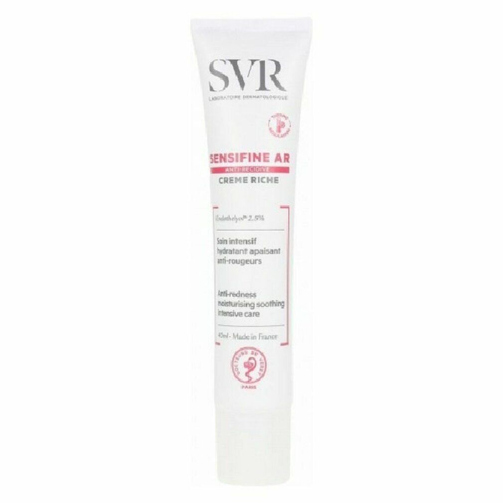 Weiße Tube mit SVR-Logo und Sensifine AR-Aufdruck. Enthält Creme Rich. Text in Rosa. Mit rosa Siegel.