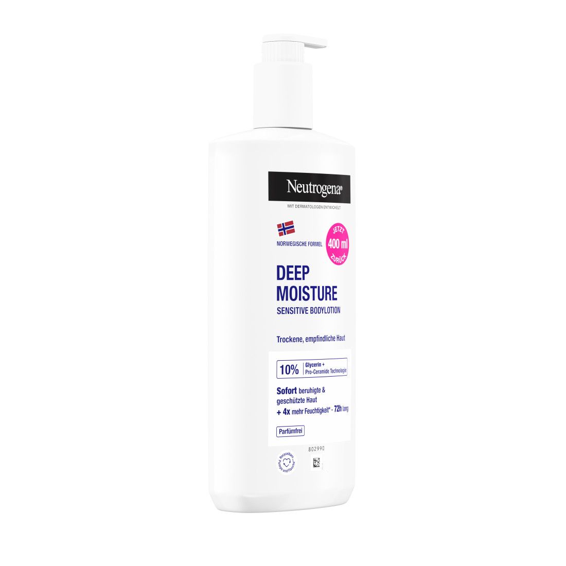 Weiße Flasche mit Pumpverschluss. Aufschrift: Neutrogena, Deep Moisture Sensitive Bodylotion. Pinker Aufkleber: 400 ml. Text: Trockene, empfindliche Haut.