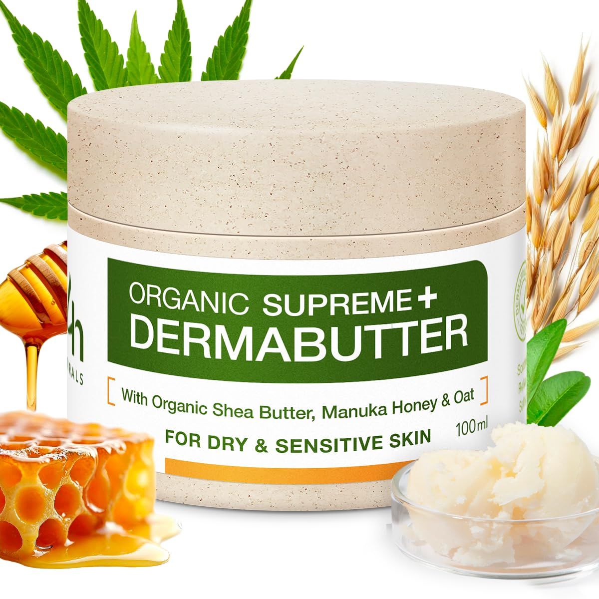 Produkt mit Inhaltsstoffen. Text: ORGANIC SUPREME + DERMABUTTER. Mit Bio-Sheabutter, Manuka-Honig & Hafer. Für trockene Haut.